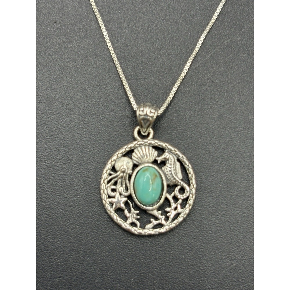 New Condition 18" Sterling Silver Turquoise Ocean Sea Life Pendant Necklace 925